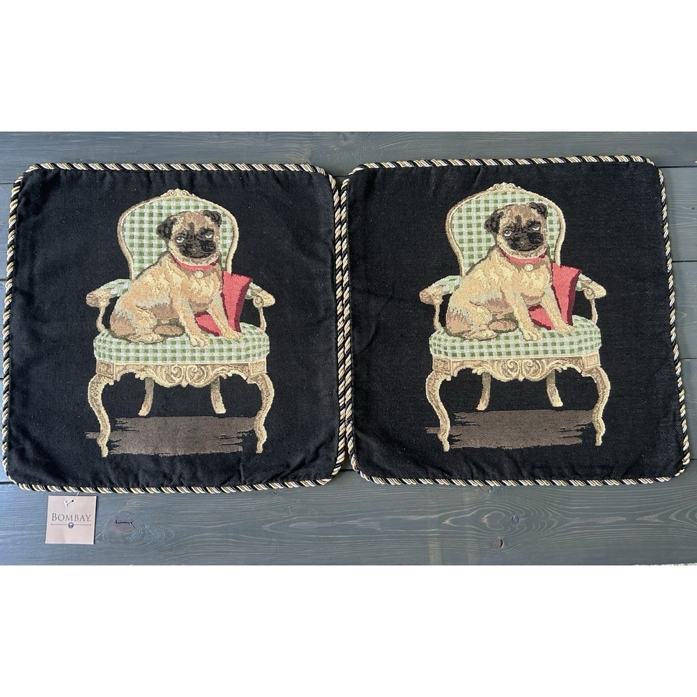 "Pug Sitting in Chair" Bombay Tapestry Pillow Cover Set Of 2 18x18" Piping NEW